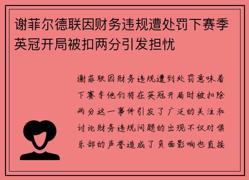 谢菲尔德联因财务违规遭处罚下赛季英冠开局被扣两分引发担忧