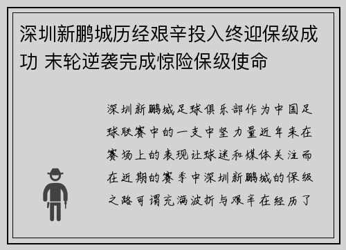 深圳新鹏城历经艰辛投入终迎保级成功 末轮逆袭完成惊险保级使命